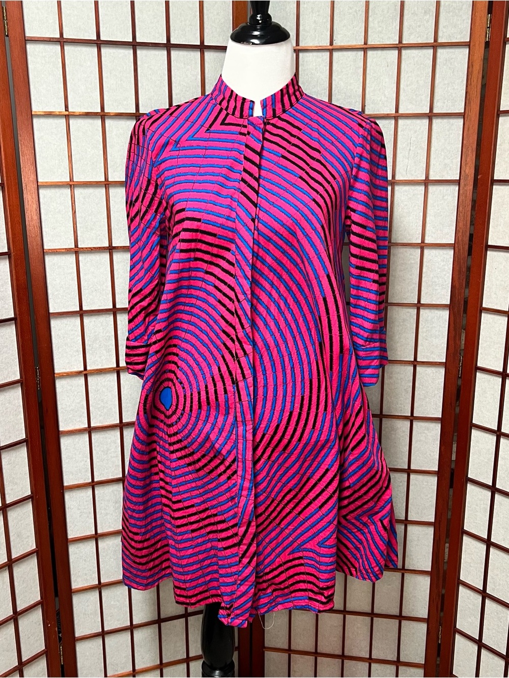 Vibrant Pink & Blue Long-Sleeve A-Line Dress with Mandarin Collar